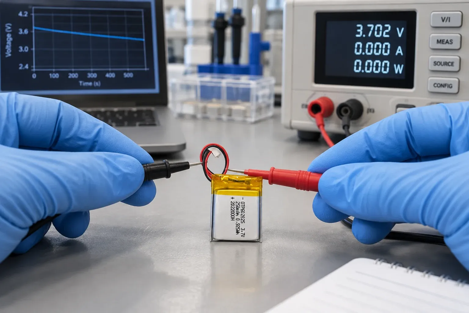 Small LiPo pouch cell electrical test with red and black lead wires