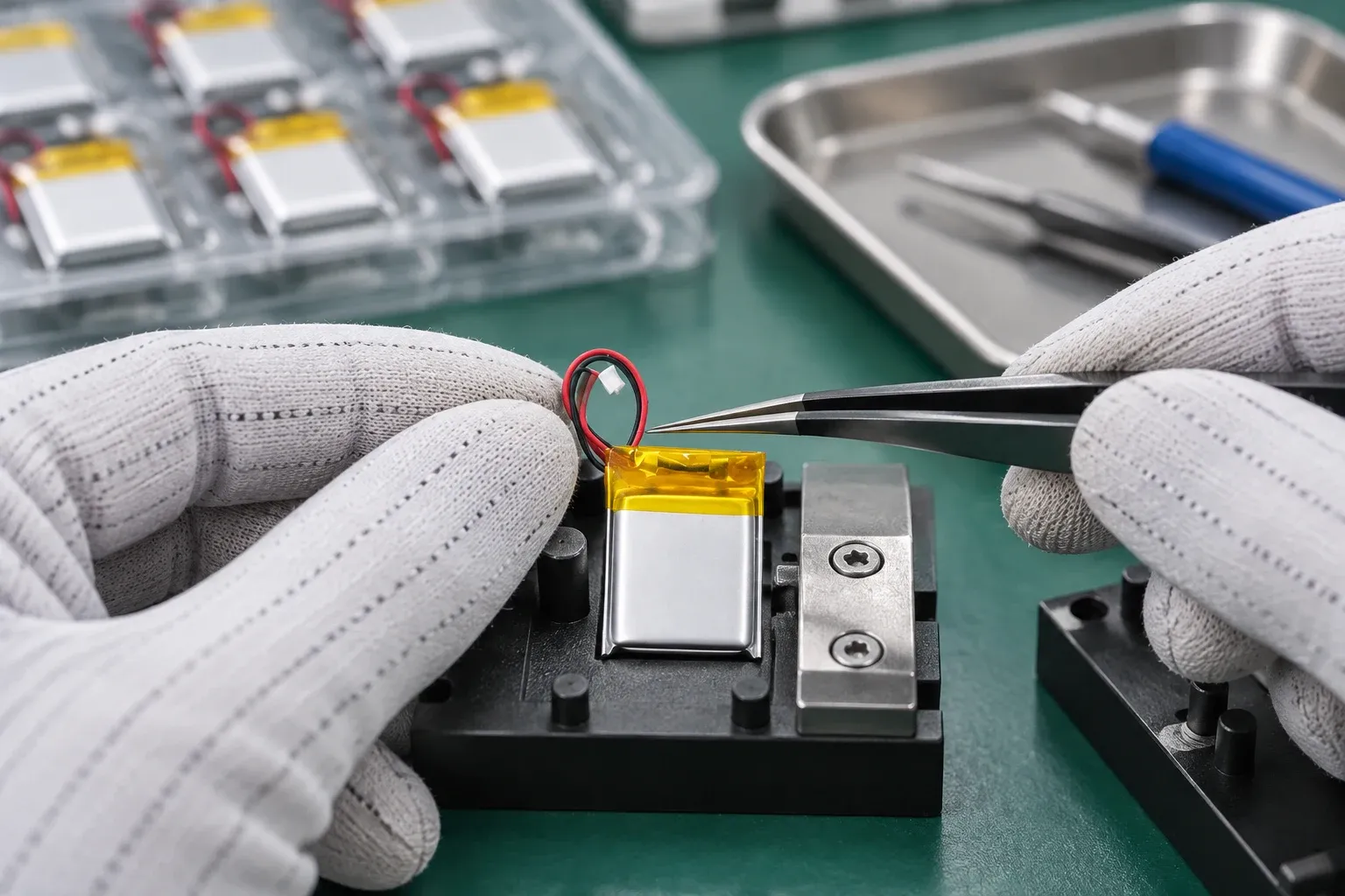 Small LiPo pouch cell with red and black leads being assembled at a bench fixture