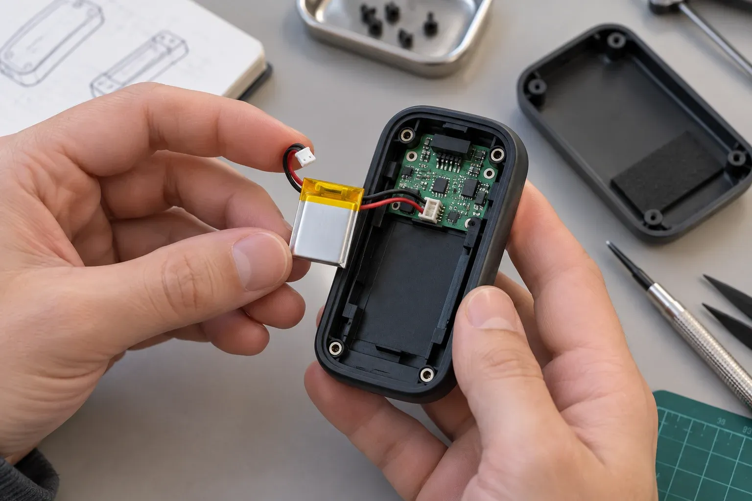 Small pouch cell fitted inside a compact battery powered device prototype